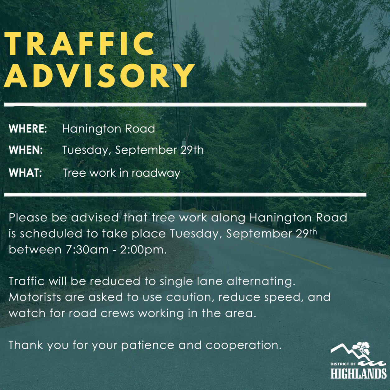 Traffic Advisory - Hanington Road